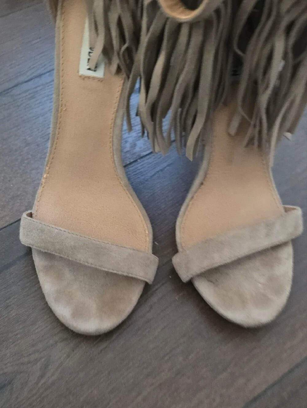 Steve Madden Taupe Suede Fringe Ankle-Strap Stilettos
